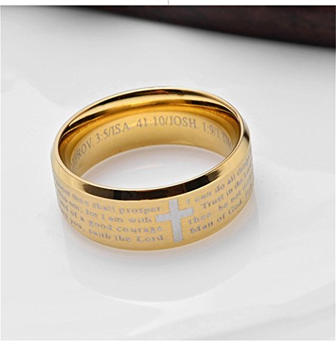 Men's Stainless Steel Bible Verse Christian Lord's Prayer Cross Ring Wedding Bands Engraved Praying - color: Gold