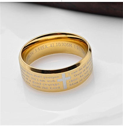Men's Stainless Steel Bible Verse Christian Lord's Prayer Cross Ring Wedding Bands Engraved Praying - color: Gold