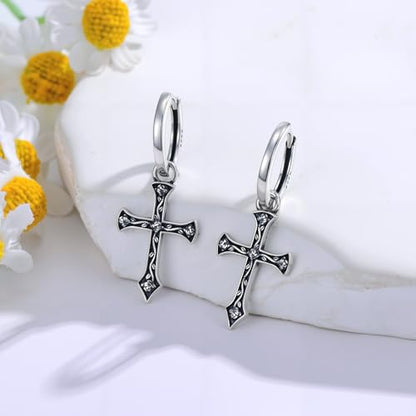 Cross Earrings for Women Men 925 Sterling Silver Cross Dangle Drop Earrings Punk Gothic Jewelry