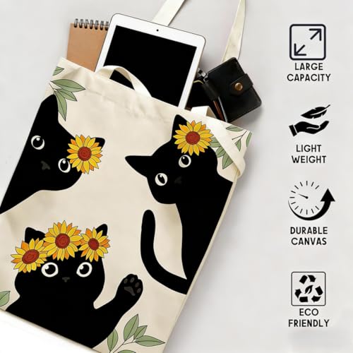 Canvas Tote Bags Reusable Shopping Bag for Women with Zippered Inner Pocket Magnetic Snap Closure - color: Black Cat 3