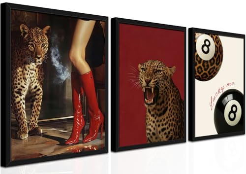 Trendy Leopard Wall Art Set of 3, Funky Red Long Boots Cheetah Wall Decor Paintings, Preppy Lucky 8 Aesthetic Posters Prints Pictures for Girls Bedroom Room Dorm Decor 16x24 Inch Wood Framed - color: Red Leopard, size: 24L" x 16W"