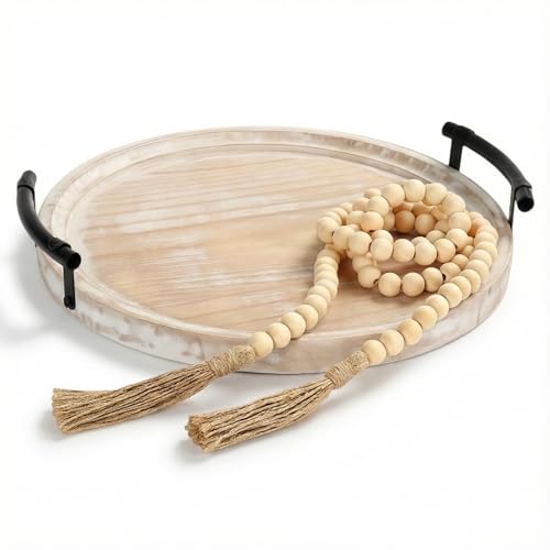 Relaxing Garden 13" Round Decorative Wood Tray with Handles