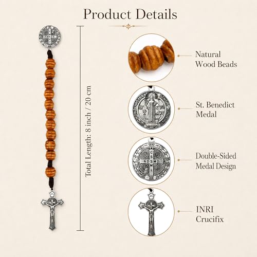 8 Inch Wooden Pocket Rosary for Men, Rosario with Saint Benedict Medal - color: Silver