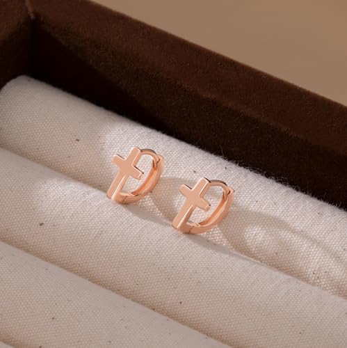 Reffeer Solid 925 Sterling Silver Cross Hoop Earrings for Women Teen Girls Small Cross Huggie Earrings Cartilage Helix - color: C-Rose Color