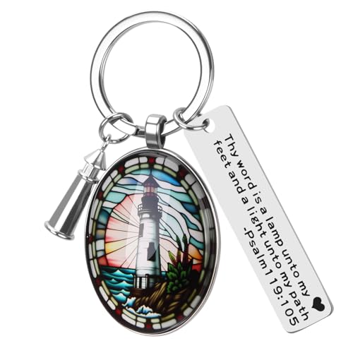 3D Glass Lighthouse Keychain with Bible Verses,Christian Gifts for Women Faith - color: Psalm119:105