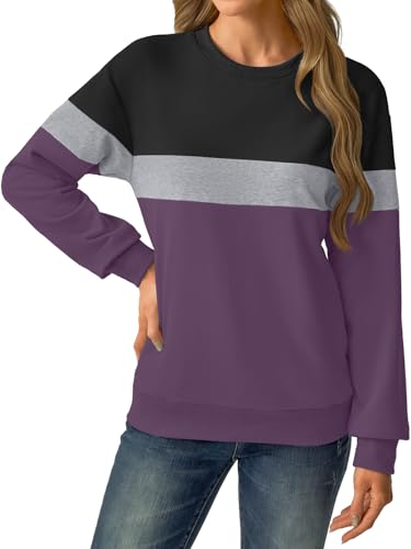 GKBK Womens Sweatshirts Cotton Crew Neck Lightweight Pullover Pocket Tops - color: Black Purple, size: Small