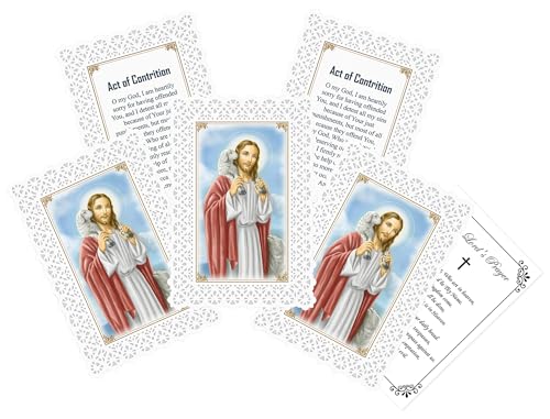 Trendzeen Act of Contrition Prayer Card - The Lord's Prayer Card - 5 Laminated Double Sided Jesus Christ the Good Shepherd Holy Cards with Beautiful Lace Style Print - Set of 6 Items