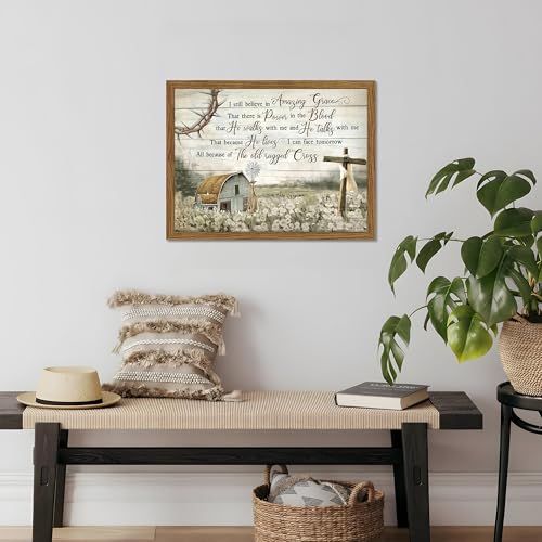 Cross Christian Wall Art Barn Windmill Country Pictures Framed 12x16 Inch - color: Hymn-wood, size: 16"L x 12"W