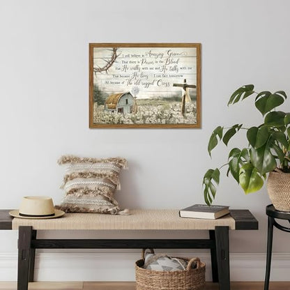 Cross Christian Wall Art Barn Windmill Country Pictures Framed 16x24 Inch - color: Hymn-wood, size: 24"L x 16"W
