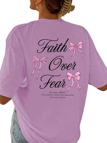 SweatyRocks Women's Bow Shirt Oversized Letter Graphic Tees Cute Tops Trendy Bible Verse Religious T Shirts - color: Purple, size: Small