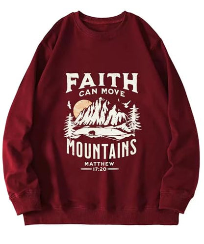 Faith Can Move Mountains Sweatshirt for Women Christian Crewneck Pullover - color: Red, size: Small