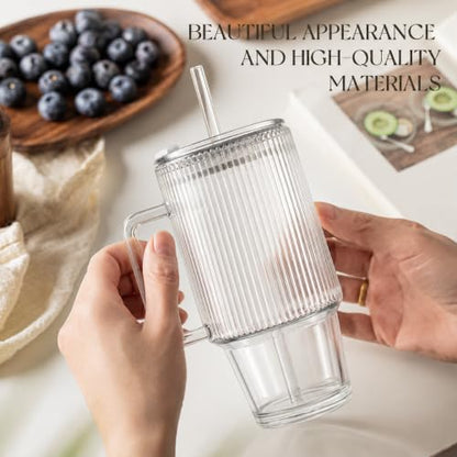 KEMORELA 24oz Ribbed Glass Cup with Lid & Straw,Iced Coffee Cup with Handle - color: 24oz--Ribbed