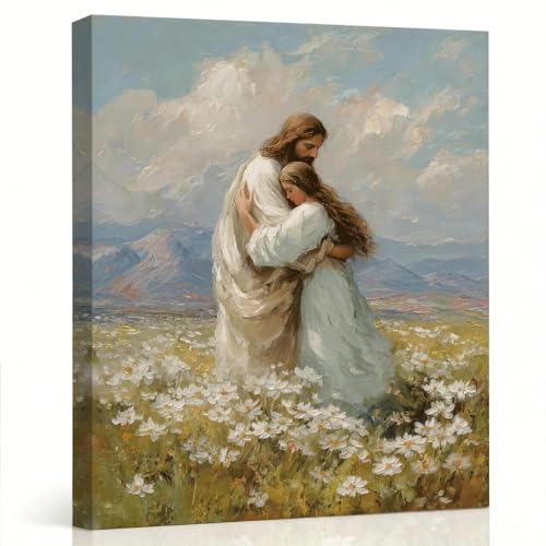 RTVJTERQ Jesus Portrait Wall Art, Jesus Embracing Woman In Daisy Field Oil Painting, Christian Inspirational Wall Art for Farmhouse Home 8x10 Inch Wrapped Canvas - color: Patriotic 10