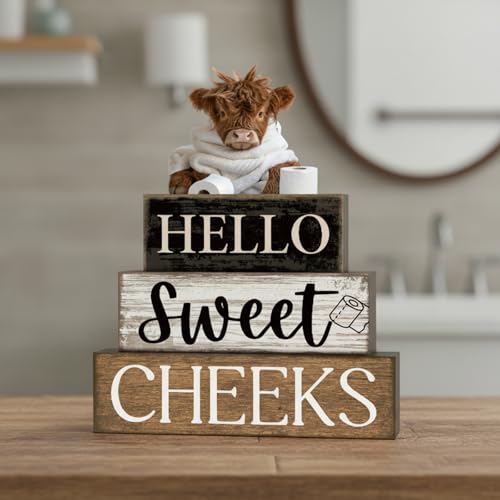 Moucuny 4 Pcs Highland Cow Bathroom Decor Wooden Signs, Farmhouse - style: Bathroom Highland Cow