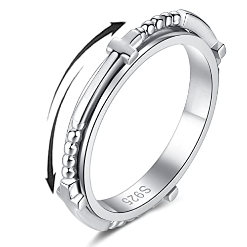 Anxiety Ring for Women: Sterling Silver Fidget Jewelry Spinner Band Rings for Girls Stackable Spinning Rings Anti Stress Relieving Jewelry Gifts - style: Cross