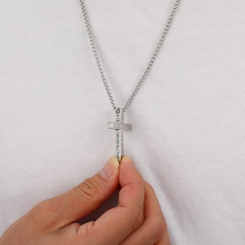 Football Game Day Cross Necklace for Boys Men, Stainless Steel Bible Verse Cross Pendant Chain Sports Gear Stuff Christian Religious Jewelry Gifts - color: Silver, style: PHILIPPIANS 4:13