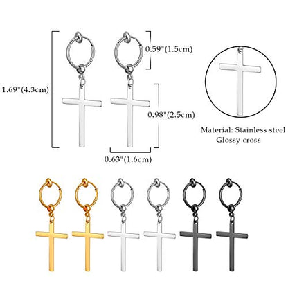 Cupimatch 3-6 Pairs Stainless Steel Cross Dangle Huggie Hinged Hoop Earrings for Men Women (1 Pair Silver Cross) for Mother's Day - color: drop-3pack