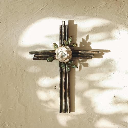 Synovana Wall Cross, Rustic Metal Cross Wall Decor with White Rose, Inspirational Christian Wall Crosses for Home Decor, Crucifix Gift - size: 12"L x 9.1"W