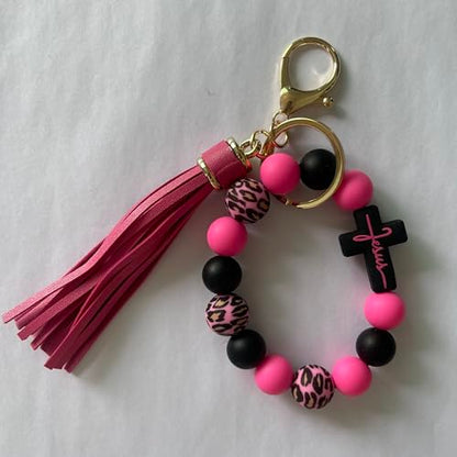 Silicone Beaded Jesus Cross Wristlet Keychain Leather Tassel,Key Ring Wrist Bangle,Key Chains Bracelet Women - color: Dark Pink Cross