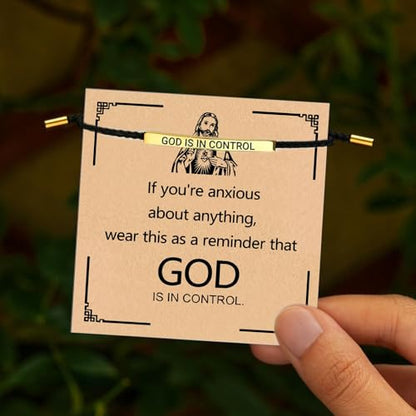 God is in Control Leather Bracelet, Stainless Steel Christian Faith Braided Engraved Bar Bracelets Self Worth Motivation Bracelet Inspirational Friendship Jewelry for Men Women - color: Black&Gold