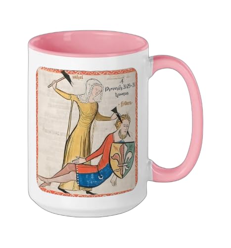 Proverbs 31 29 31 Woman Medieval Christian Art Design Ceramic Mug, Pink/White, 15oz - color: Pink/White, size: 15 Ounces
