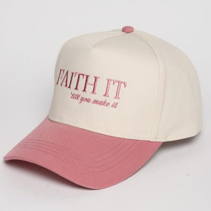 MIRMARU Christian Theme Embroidered 5 Panel Cotton Trucker Hat Snapback Cap for Men and Women - color: Faith It, Dusty Rose