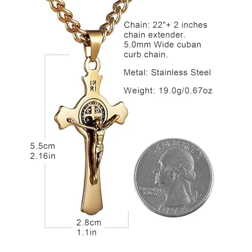 HZMAN Stainless Steel St. Benedict Crucifix Cross Necklace for Men - color: Standard Gold