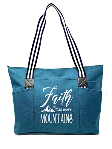 Brooke & Jess Designs Church Bags for Women - Bible Tote Bags for Women, Large Tote Bag for Womens with Zipper - color: Teal Tessa Faith Can Move Mountains