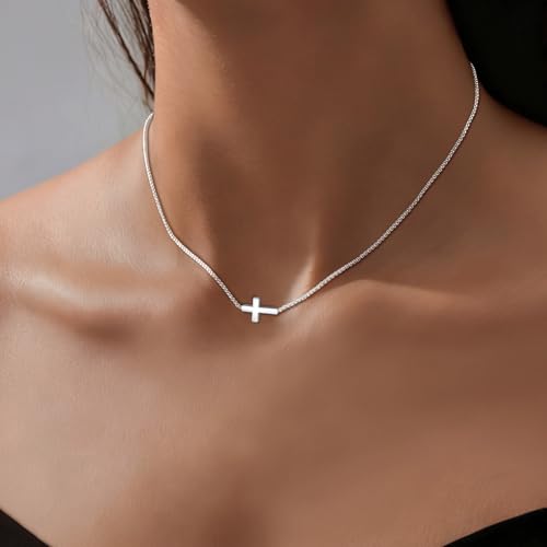 Airmb Cross Necklace for Women Choker 14K Gold/925 Silver Plated Dainty Choker Small Cross Pendant Trendy Cute Cross Charm Delicate Necklace Hypoallergenic Faith Jewelry Religious Gifts for Women - color: Sideways Cross-Silver Plated