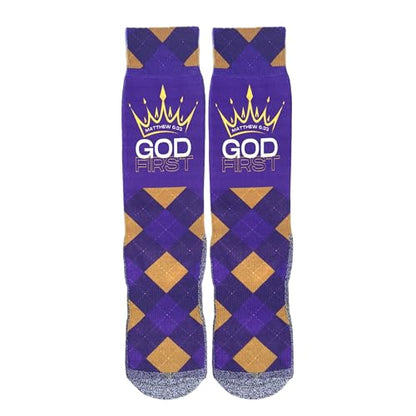 Bible Verse Socks for Men, Christian Scripture Crew Socks, Faith Gift - color: God First (Matthew 6:33)