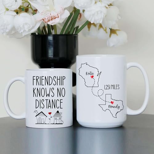 Personalized Friendship Knows No Distance Mug - Personalized Long Distance State To State - Moving Away Cup - Bestie Birthday Gift - Custom Map State Distance Coffee Cup - color: DISTANT-MAP-M5