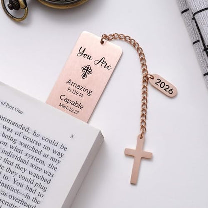 Christian Metal Bookmark with Bible Verses, Faith-Based Gift with 2026 Charm, Faith Affirmation Gift, Motivational Religious Scripture Reading Accessory for Women Men, Rose Gold - style: Rose Gold