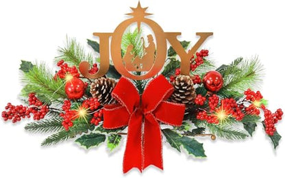 Eksen LED Lighted Christmas Centerpiece for Table or Mantel, Metal Joy Sign with Pine Greenery and Red Bow, Indoor Christmas Table Decorations for Holiday Home Decor