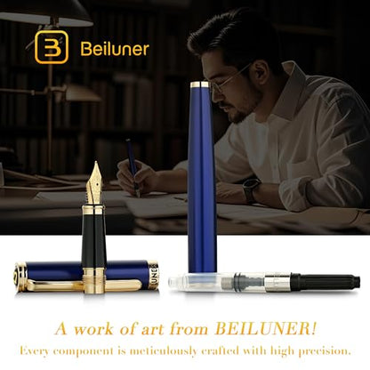 BEILUNER Blue Fountain Pen,Stunning Luxury Pens with 24K Gold Finish, Gorgeous 24K Gilded Nib(Medium), Fancy Pen Gift for Men&Women -Ink Converter-Elegant, Reliable,Nice Pen for Writing - color: Blue&Gold, style: Medium Nib
