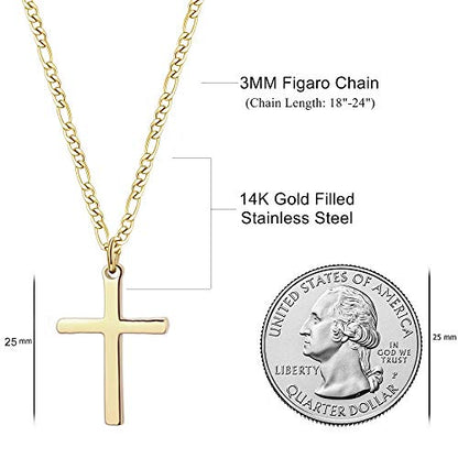 Joxevyia 14K Gold Filled Cross Necklace for Men Figaro Chain Stainless Steel Polished Cross Pendant Necklace Simple Baptism Faith Jewelry Gift - size: 18 inches, style: small cross pendant(1.0"*0.6")