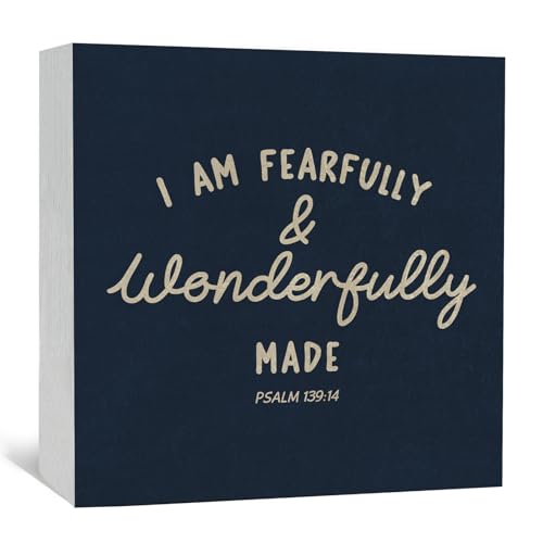 Christian Inspirational Wooden Box Signs Desk Decor, I Am Fearfully and Wonderfully Made Bible Verse Wooden Signs Desk Decorations for Kids Boy Nursery Room Bedroom Tabletop Shelf Wall, 5x5in - color: i am-1