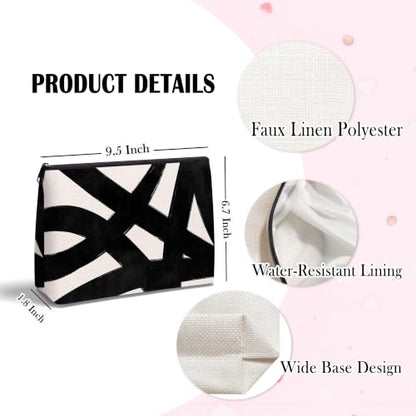 Black and White Abstract Zipper Makeup Bag for Women - color: Black and White