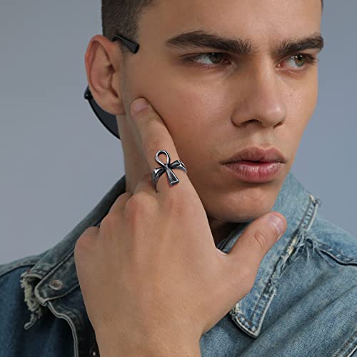 ChainsProMax Can Engrave Men Ancient Egyptian Eye of Ra Ankh Cross Ring, Size #7-#14, Stainless Steel/Gold Plated/Black (Send Gift Box) - color: Engrave-ankh cross-grey