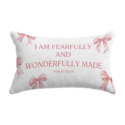Coquette Pink Bow Christian Pillow Covers 12x20, Christian Room Home Decor, Coquette Room Decor, Psalm 139:14 Religious Bible Verse Decorative Lumbar Pillow Covers