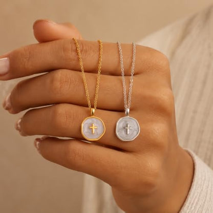 925 Sterling Silver Mother of Pearl Cross Necklace for Women - color: Silver-White