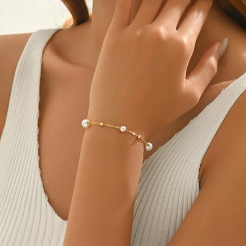 18K Gold Plated Pearl Bracelets for Women Dainty Waterproof - style: Pearls Beads-Gold
