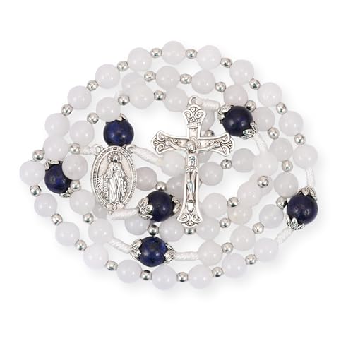 Nazareth Store 8mm White Jade & 10mm Natural Stone Beads Rosary Necklace St. Miraculous Medal & Cross Crucifix Catholic Prayer Beads Religious Jewelry - color: Lapis lazuli