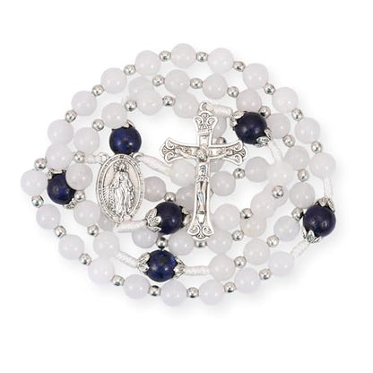 Nazareth Store 8mm White Jade & 10mm Natural Stone Beads Rosary Necklace St. Miraculous Medal & Cross Crucifix Catholic Prayer Beads Religious Jewelry - color: Lapis lazuli
