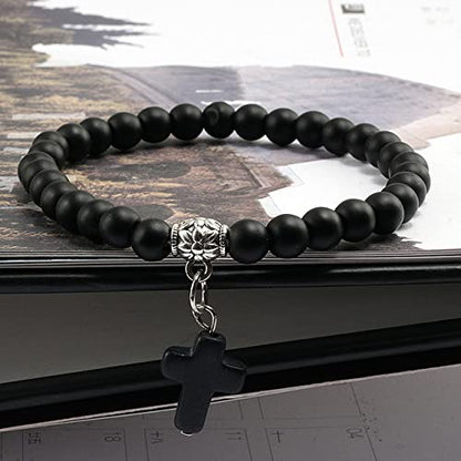 Softones 6mm Bead Cross Pendant Bracelet for Women Healing Stone Stretch Prayer Bracelet for Women,with Gift Box - color: Onyx