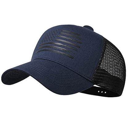 Baseball Cap, American Flag Trucker Hat for Men Women, Breathable Adjustable Fit Outdoor Mesh Snapback Hats - color: Navy/Black Flag