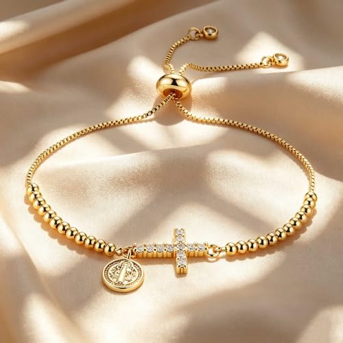 HZMAN 14K Gold Plated Cross Bracelet for Women, Brass Adjustable Bolo Bracelet with CZ, Religious Saint Benedict/Virgin Mary/Jude Pendant Jewelry Gift - color: Saint Benedict