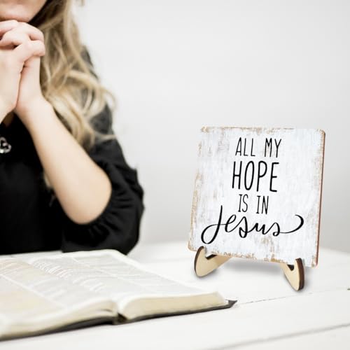 Rustic Wooden Inspirational Sign - 5.1x5.1 inches - Christian Bible Verse - Tabletop Decor - 3 Pack - color: HopeJesus