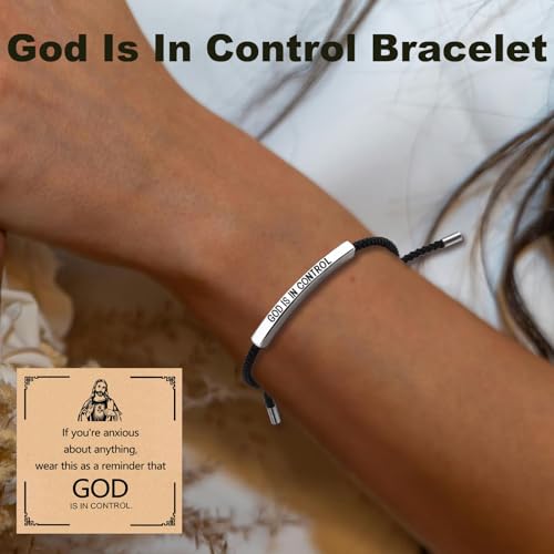 God is in Control Leather Bracelet, Stainless Steel Christian Faith Braided Engraved Bar Bracelets Self Worth Motivation Bracelet Inspirational Friendship Jewelry for Men Women - color: Black&Silver