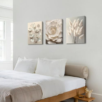 WENGTIAO 3Pcs Beige Floral Botanical Frame Canvas Wall Art 20"x28"x3 - color: Flower-White botanical, size: 20"x28"x3Pcs