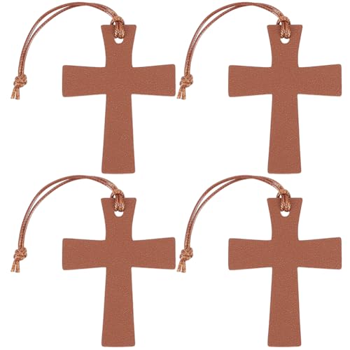 4PCS PU Leather Bible Cross Bookmarks Set for Reading Brown Personalized Blank Book Marks Soft Thin Leather Page Markers with Tassel for DIY Craft Book Mark Bookwormss Readers Christmas